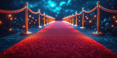 Red carpet leading through a glamorous entrance with elegant rope barriers amidst a starry atmospheric backdrop photo