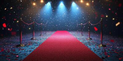 Festive awards ceremony with a red carpet lined by velvet ropes and confetti falling under bright stage lights photo