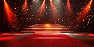 Illuminated stage with red carpet and sparkling background for performance or event taking place at night photo