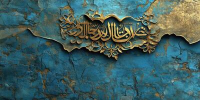 Intricately carved calligraphy artwork in vibrant blue and gold tones reflects traditional design elements photo