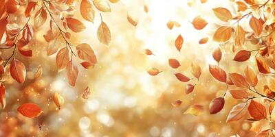 Golden autumn leaves swirl amidst soft sunlight in a serene natural setting during the fall season photo