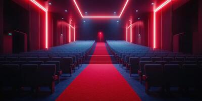 Inviting interior of a modern cinema hall featuring colorful neon lights and plush seating designed for moviegoers photo