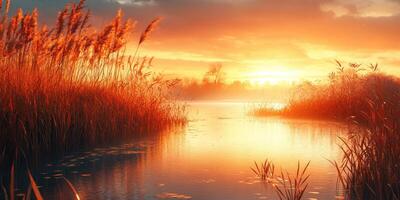 Beautiful sunset over a tranquil river surrounded by tall grass and distant trees photo