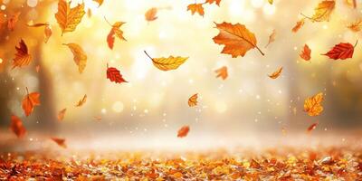 Beautiful autumn leaves falling gracefully in a sunlit forest setting during a tranquil afternoon photo