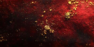 Glimmering gold dust scattered on rich red fabric creates an elegant backdrop for artistic presentations photo