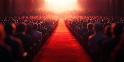 Large audience in a theater awaiting a performance with spotlight illuminating the stage and red carpet photo