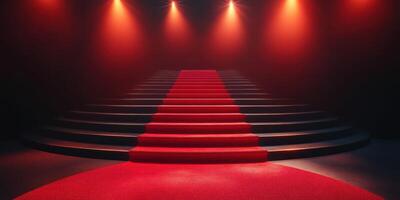 Elegant red carpet leading up a grand staircase in a dimly lit venue during an evening gala event photo
