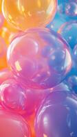 Colorful translucent bubbles float in a dreamy background with soft gradients of pink, orange, and blue photo