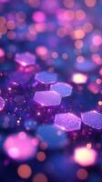 Vibrant hexagonal shapes shimmer with colorful lights in a blurred abstract background at dusk photo