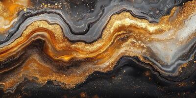 Elegant abstract design featuring swirling gold and black patterns with shimmering details and fluid shapes photo