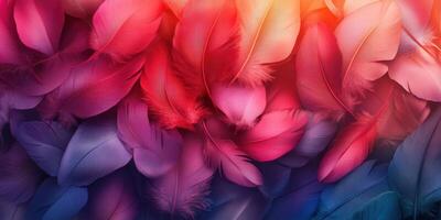 Colorful arrangement of feathers in vibrant shades of pink and purple creating a striking visual display photo