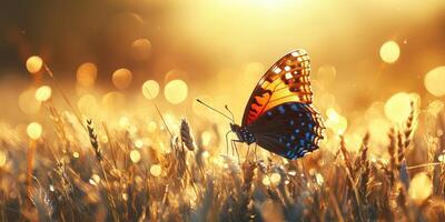 Colorful butterfly resting on golden grass during sunset in a tranquil field photo