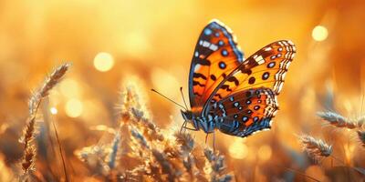 Colorful butterfly perched on golden grass during sunset in a tranquil meadow photo