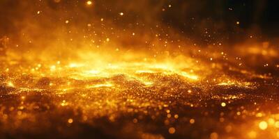 Glowing golden particles create a mesmerizing landscape of light and texture, evoking warmth and energy in a dynamic environment photo