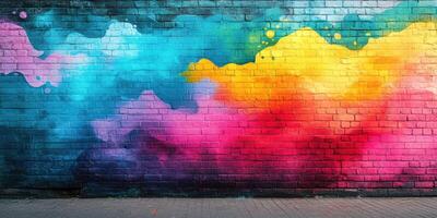Colorful abstract mural on a brick wall with vibrant hues of blue, pink, and yellow photo