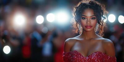 Stunning red gown highlights elegance at nighttime gala event with flashing lights and glamour photo