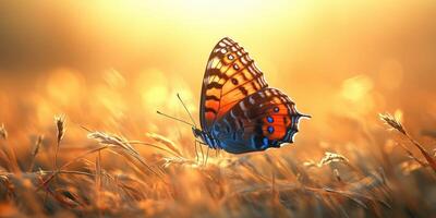 Colorful butterfly resting on golden grass during sunset in a serene natural setting photo
