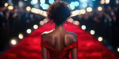 Elegant woman in red gown on the red carpet at a glamorous award ceremony during an evening event with bright lights photo
