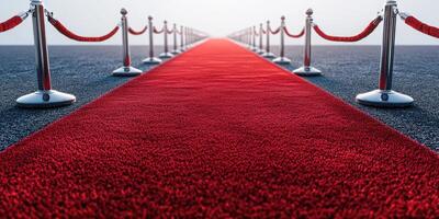 Red carpet pathway lined with velvet ropes and stanchions leads into a foggy distance at an exclusive event location photo