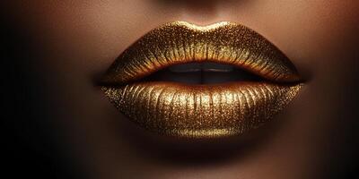 Glittering gold lips showcase bold makeup artistry at a beauty event photo