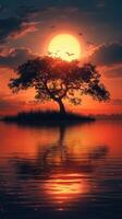 Majestic sunset over a tranquil lake with silhouetted tree and flying birds photo