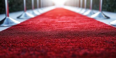 Elegant red carpet leading to a bright entrance at an evening event in a city setting photo