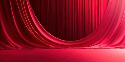Red curtains create an elegant backdrop for a theatrical performance in an arts venue during the evening photo