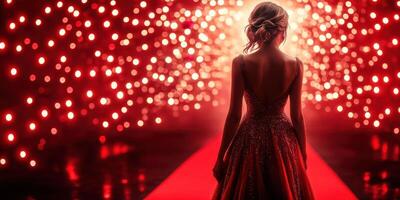 Woman in sparkling gown standing on red carpet under dazzling lights at an evening event photo