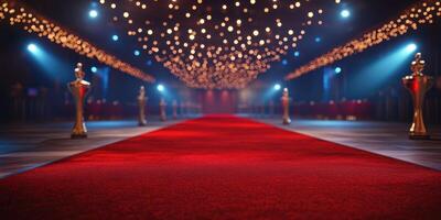 Red carpet event with twinkling lights and elegant decorations creating a luxurious atmosphere for guests to arrive photo