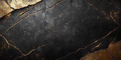 Dark textured surface with golden cracks featuring intriguing patterns and contrasts in a modern design backdrop photo