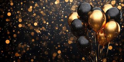 Festive celebration with black and gold balloons decorating a sparkling backdrop photo
