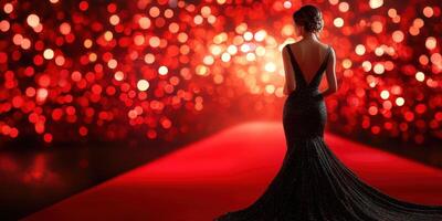 Elegant woman in a black gown on a red carpet with sparkling lights at a glamorous evening event photo