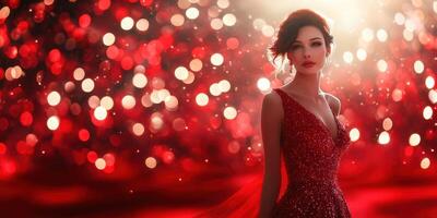 Elegant woman in red gown amidst shimmering background at festive evening event photo