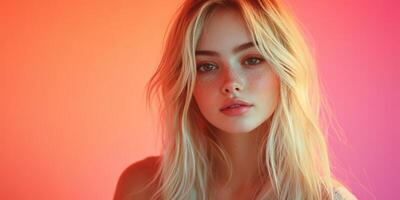Model poses against a vibrant gradient background showcasing natural beauty and soft lighting during a studio photoshoot photo