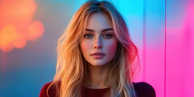Stunning portrait of a young woman with long hair against a vibrant background during twilight photo
