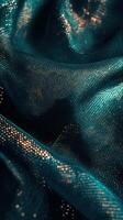 Elegant teal fabric with shimmering highlights captured in soft drapes under warm light photo