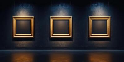 Gallery with empty golden frames showcasing illuminated walls in an art space, inviting anticipation for future exhibits photo