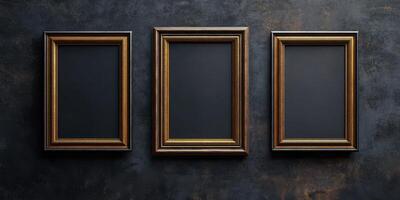 Three empty picture frames arranged symmetrically on a textured wall with a dark and elegant finish photo