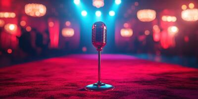 Stunning vintage microphone on a red carpet stage lit with vibrant blue and red lights at a lively performance venue photo