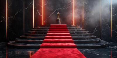 Glamorous award stage featuring a golden trophy surrounded by dramatic lighting and elegant red carpet photo