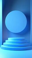 Modern blue geometric stage with circular backdrop for events and presentations in a contemporary setting photo