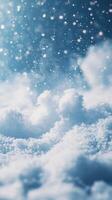 Snowfall blankets the landscape in a serene winter wonderland during twilight hours photo