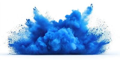 Vibrant blue powder explosion against a white background depicting dynamic motion and energy photo