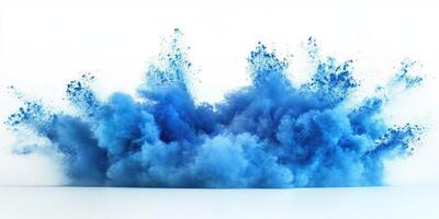 Vibrant blue powder explosion creates a stunning visual effect against a white background photo