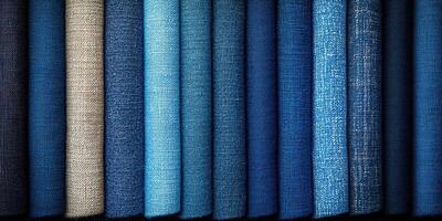 Various shades of blue textiles arranged neatly in a row for display and selection in a fabric store photo
