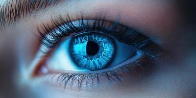 Close-up view of a human eye highlighting unique blue details and intricate patterns in natural light photo