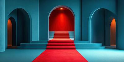 Vibrant red carpet leads to a striking archway in a modern, colorful interior setting photo