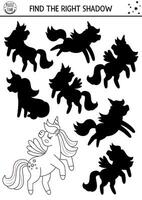 Unicorn shadow matching activity with horse with horn, wings. Magic world black and white puzzle with character. Find correct silhouette printable worksheet, game. Fairytale coloring page for kids vector