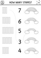 Black and white match the numbers unicorn game with rainbow, clouds, stripes. Magic or fairytale math activity for preschool kids. Fantasy world learning educational counting worksheet, coloring page vector