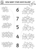 Black and white match the numbers unicorn game with smiling fallen stars. Magic, fairytale or space line math activity for preschool kids. Fantasy world educational counting worksheet, coloring page vector